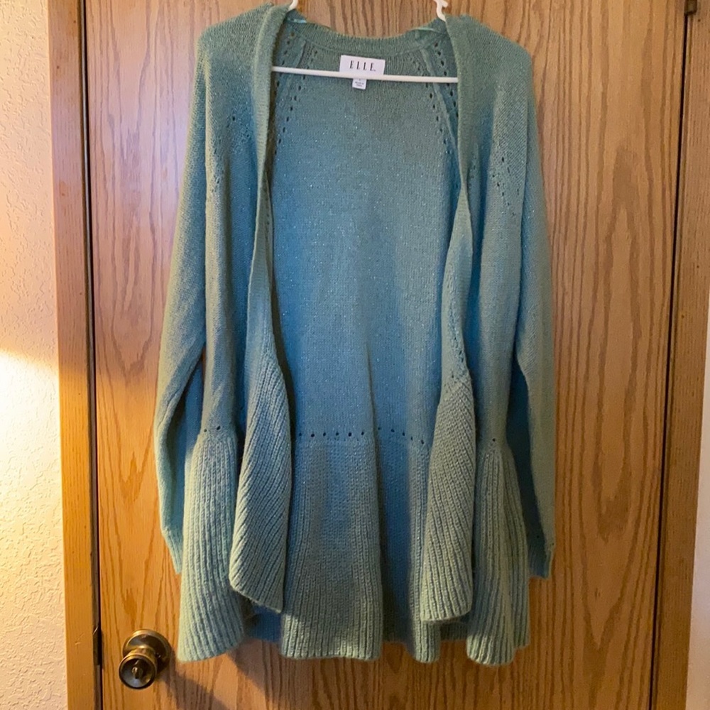 Elle Seafoam green sparkle flared bottom cardigan.